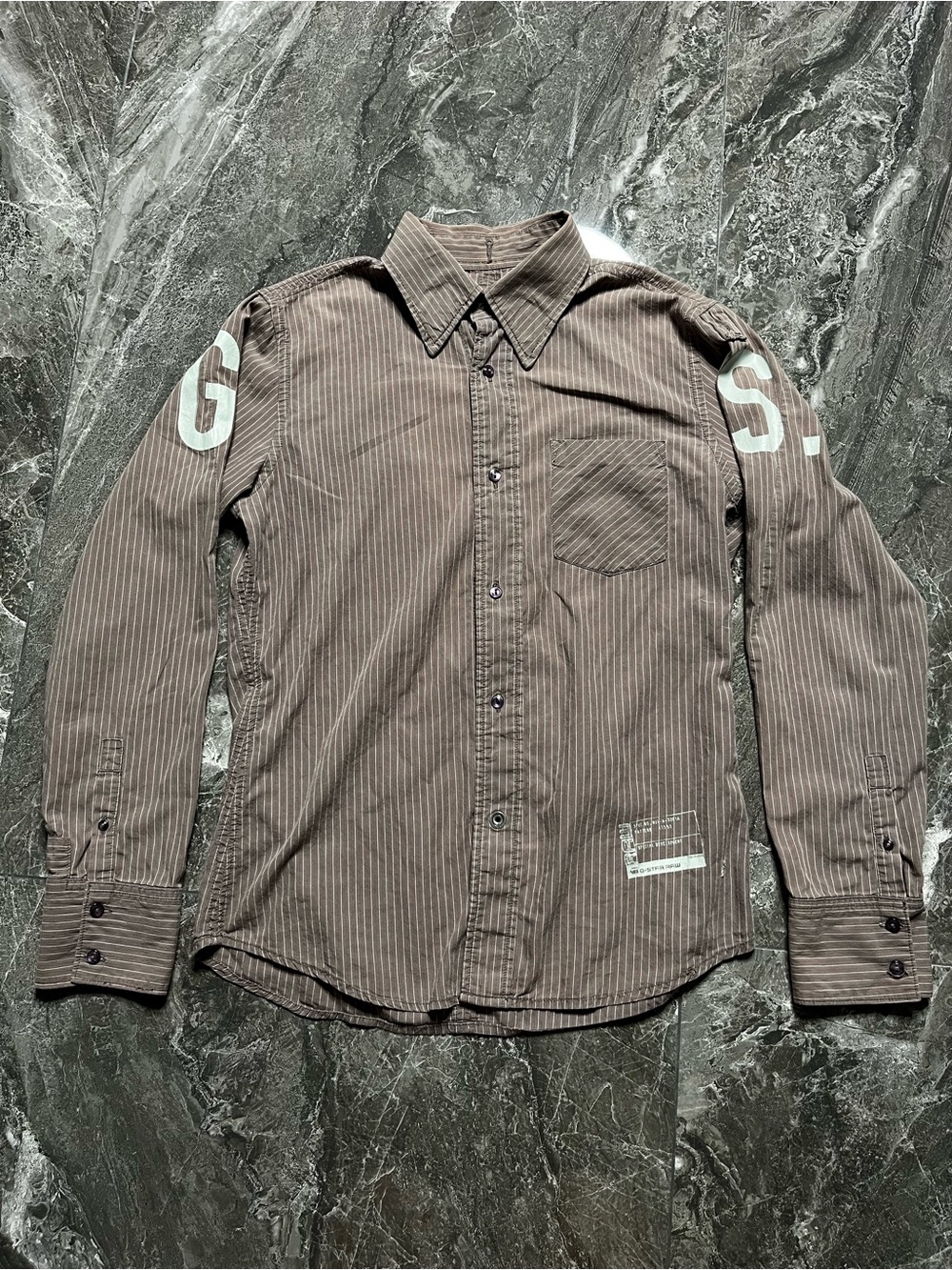 G-Star Brown Pinstripe Button-Down Shirt with White Sleeve Letters
